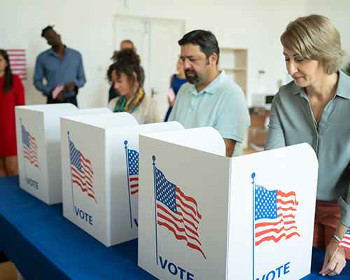 people standing in voting boxes