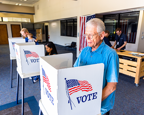 older man standing at a voting booth